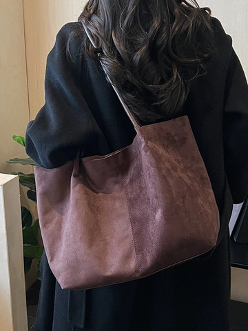 Bolso Tote de Ante para Mujer Minimalista Gran Capacidad Color Sólido Bolso de Hombro Mate Vintage para Uso Diario