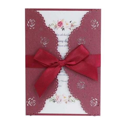 European Style Laser Cut Rose Wedding Invitation Card With Ribbon Envelope Pearlescent Paper Floral Party Greeting Card