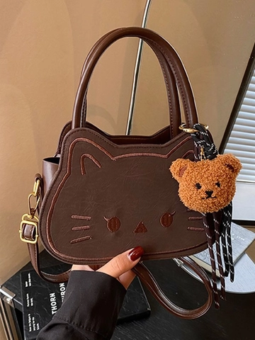 Simpatica Borsa a Mano da Donna a Forma di Muso di Gatto in Pelle PU Piccola Borsa a Tracolla Quadrata Con Orsetto di Peluche