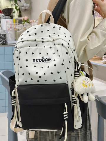 Cute Star Print Contrast Color Backpack For Women Nylon Student Schoolbag With Plush Pendant Large Capacity Casual Travel Bag