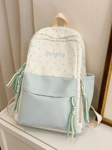 Cute Star Print Contrast Color Backpack For Women Nylon Student Schoolbag With Plush Pendant Large Capacity Casual Travel Bag