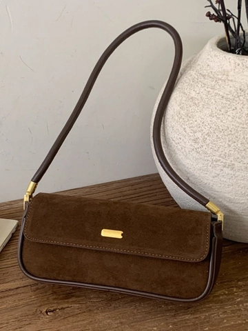 Bolso Baguette Vintage Francés para Mujer Cuero de PU Bolso de Hombro Corto Minimalista Color Sólido Bolso de Mano Casual Con Cierre de Metal Dorado