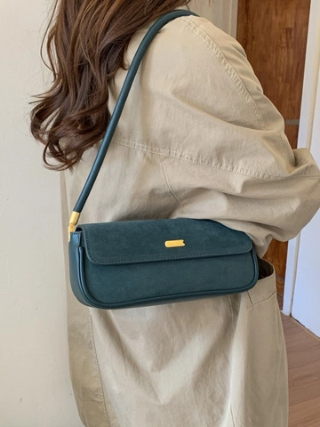 Bolso Baguette Vintage Francés para Mujer Cuero de PU Bolso de Hombro Corto Minimalista Color Sólido Bolso de Mano Casual Con Cierre de Metal Dorado