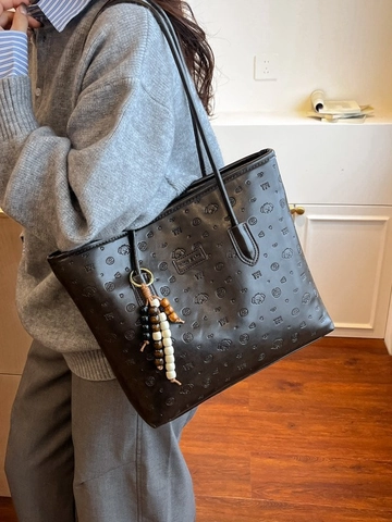 Sac Cabas en Cuir PU de Grande Capacité pour Femme Vintage avec Gaufrage Chiot Sac à Épaule avec Pendentif en Perles Mode
