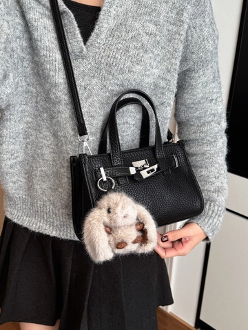 Elegante Bolso Bandolera de Cuero PU para Mujer Textura de Guijarros Bolso Kelly Con Colgante de Conejo de Peluche