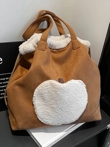 Borsa Tote in Patchwork di Peluche di Grande Capacità Per Donna Borsa a Spalla con Coulisse in Similpelle Scamosciata Casual