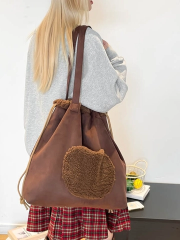 Borsa Tote in Patchwork di Peluche di Grande Capacità Per Donna Borsa a Spalla con Coulisse in Similpelle Scamosciata Casual