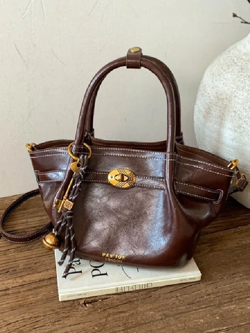 Bolso Cubo de Cuero PU Vintage para Mujer Bolso de Mano Retro con Costuras en Contraste y Cierre de Giro Metálico Bandolera