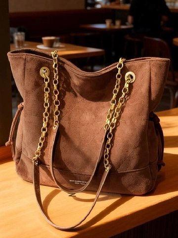 Große Kapazität PU Schultertasche Für Damen Vintage Wildleder Textur Tote Bag Mit Goldener Kette Kordelzug Pendler Handtasche