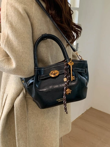 Bolso Cubo de Cuero PU Vintage para Mujer Bolso de Mano Retro con Costuras en Contraste y Cierre de Giro Metálico Bandolera