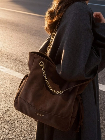 Große Kapazität PU Schultertasche Für Damen Vintage Wildleder Textur Tote Bag Mit Goldener Kette Kordelzug Pendler Handtasche