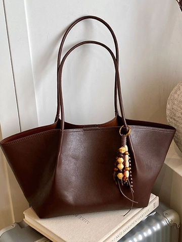 Retro Large Capacity PU Leather Tote Bag For Women Fashion Commuter Shoulder Bag With Wooden Bead Charm Vintage Shopping Bag