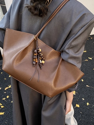 Retro Large Capacity PU Leather Tote Bag For Women Fashion Commuter Shoulder Bag With Wooden Bead Charm Vintage Shopping Bag