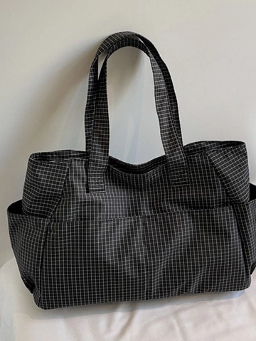 Dames Grote Capaciteit Ruitjes Canvas Tote Bag Multi Pocket Schoudertas Voor Dagelijks Werk Reizen Casual Rasterpatroon Tas