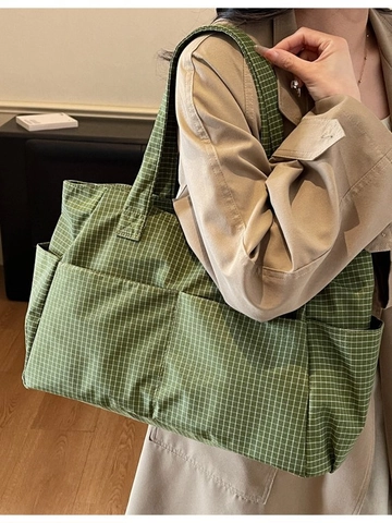 Dames Grote Capaciteit Ruitjes Canvas Tote Bag Multi Pocket Schoudertas Voor Dagelijks Werk Reizen Casual Rasterpatroon Tas
