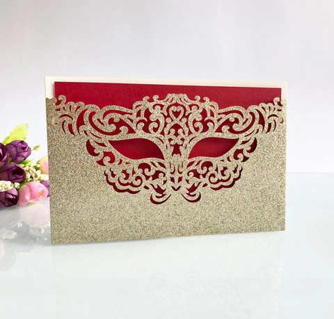 European Laser Cut Masquerade Mask Invitation Cards Glitter Pearlescent Paper Hollow Out Card For Party Wedding Birthday