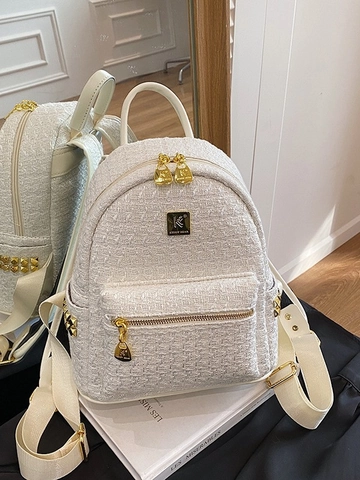 Eleganter Tweed Strick Rucksack Für Damen Mode Große Kapazität Reise Schultasche Cremeweiß Rucksack Mit Gold Hardware