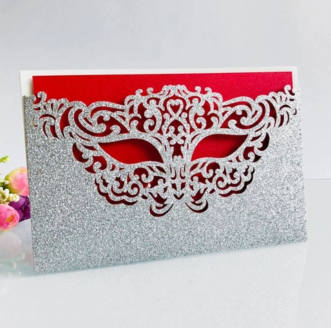 European Laser Cut Masquerade Mask Invitation Cards Glitter Pearlescent Paper Hollow Out Card For Party Wedding Birthday