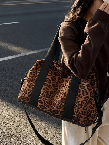 Borsa da Viaggio di Grande Capacità con Stampa Maculata e Pied de Poule da Donna in Camoscio Poliestere Resistente con Scomparto Scarpe