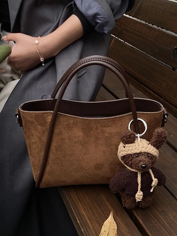 Bolso Tote de Gamuza Vintage para Mujer Gran Capacidad Minimalista Bolso de Hombro de Axila Retro Color Sólido Bolso de Mano de Viaje
