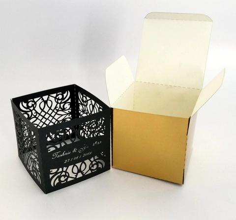 Europäischer Stil Laser Geschnitten Hochzeit Bonbon Geschenkbox Hohl Perlmuttpapier Schwarz Gold Gastgeschenk Box Für Jubiläum