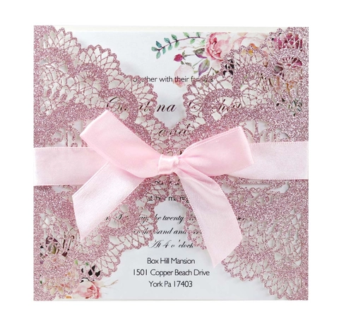 Luxury Glitter Laser Cut Wedding Invitations Set With Envelopes Ribbon Bows Floral Hollow Design For Marriage Party Cards