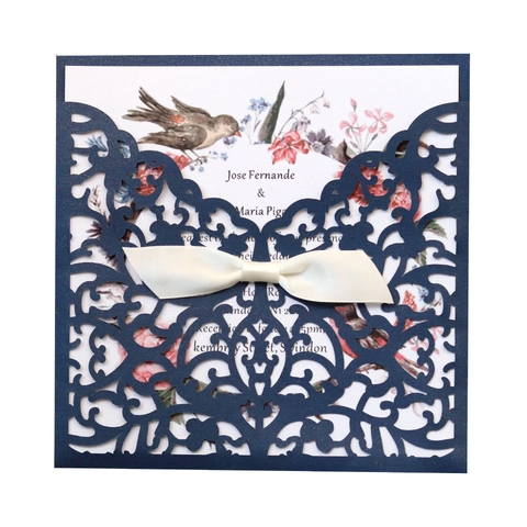 Laser Cut Wedding Invitation Cards Pearl Paper Hollow Lace Pocket Invitations With Ribbon Bow For Wedding Party Supplies