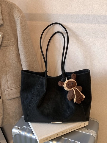 Women's Vintage Large Capacity PU Leather Tote Bag Simple Urban Commute Shoulder Bag With Bear Pendant Solid Color Autumn Winter Bag