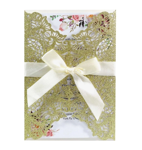 Laser Cut Wedding Invitation Cards Glitter Pearlescent Paper Hollow Invitation Kit With Bow And Envelopes For Banquet Party