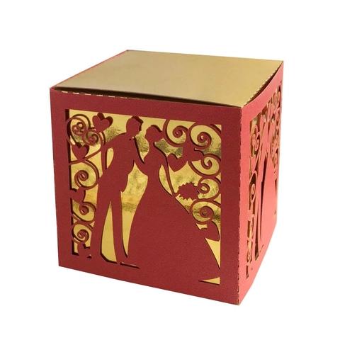 European Romantic Laser Cut Wedding Candy Box Hollow Bride And Groom Silhouette Heart Shaped Gift Favor Paper Box Gold Inner