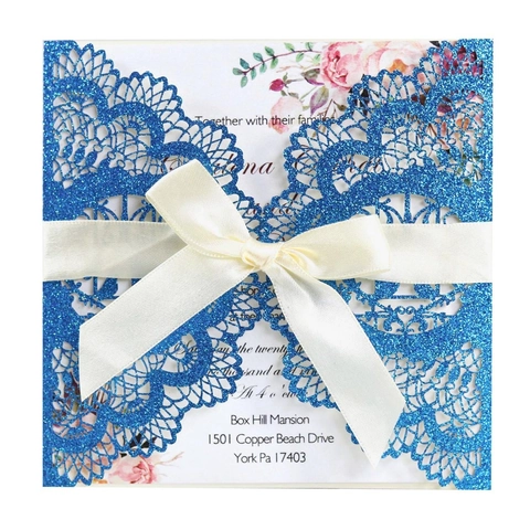 Luxury Glitter Laser Cut Wedding Invitations Set With Envelopes Ribbon Bows Floral Hollow Design For Marriage Party Cards