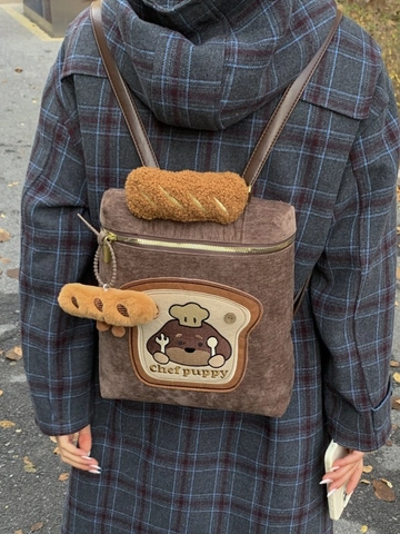 Modischer PU Leder Rucksack Mit Chef Welpe Stickerei Und Brot Form Design Für Damen Süß Cartoon Alltag Freizeit Schultasche