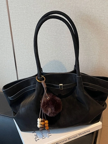 Bolso Tote Vintage de Cuero PU Esmerilado de Gran Capacidad para Mujer Con Colgante de Bola de Peluche y Cuentas de Madera Bolso de Hombro Casual