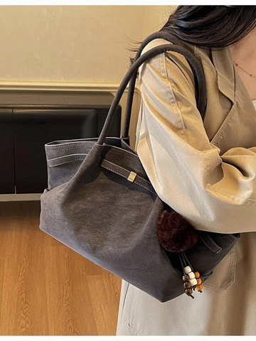 Bolso Tote Vintage de Cuero PU Esmerilado de Gran Capacidad para Mujer Con Colgante de Bola de Peluche y Cuentas de Madera Bolso de Hombro Casual