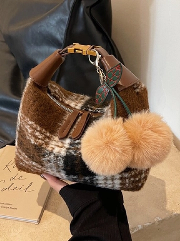Vintage Plaid Plush Shoulder Bag For Women Fashion Contrast Color Checkered Handbag With Cherry Charm Winter Fuzzy Hobo Bag Small Satchel