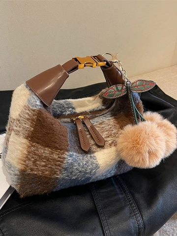 Vintage Plaid Plush Shoulder Bag For Women Fashion Contrast Color Checkered Handbag With Cherry Charm Winter Fuzzy Hobo Bag Small Satchel
