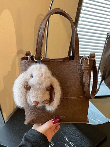 Secchiello in Pelle PU Con Trama Litchi Vintage per Donna Retro Pendolare Versatile Borsa a Tracolla Con Ciondolo Coniglio