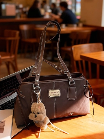 Vintage Large Capacity Suede Texture PU Tote Bag With Contrast Stitching And Plush Pendant Retro Commuter Women Shoulder Bag