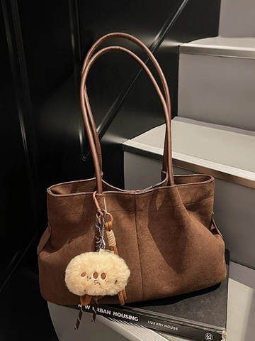 Dames Vintage Suèdine Tote Bag Grote Capaciteit Schoudertas Met Pluche Hanger Herfst Winter Underarm Bag