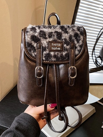 Damen Vintage Leopardenmuster PU Leder Mini Rucksack Kontrastnähte Kordelzug Mode Pendler Kleine Umhängetasche