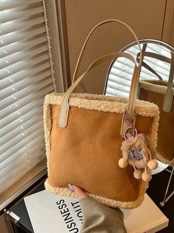 Borsa a Secchiello in Lana Retrò da Donna Con Bordo in Peluche Piccola Borsa a Mano Moda Autunno Inverno Con Ciondolo Animale
