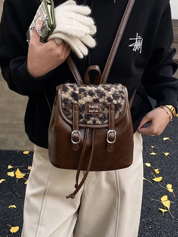 Damen Vintage Leopardenmuster PU Leder Mini Rucksack Kontrastnähte Kordelzug Mode Pendler Kleine Umhängetasche