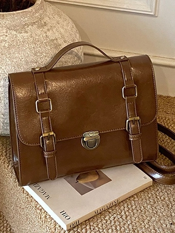 Vintage British Style PU Leather Messenger Bag For Women Large Capacity Crossbody Bag Commute Briefcase Satchel Handbag