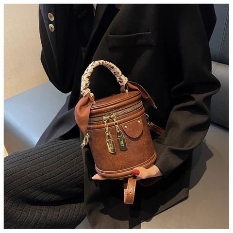 Vintage PU Leather Cylinder Bucket Bag For Women Retro Handbag With Satin Scarf Handle Gold Lock Pendant Crossbody Bag