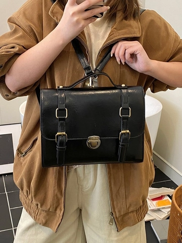Vintage British Style PU Leather Messenger Bag For Women Large Capacity Crossbody Bag Commute Briefcase Satchel Handbag