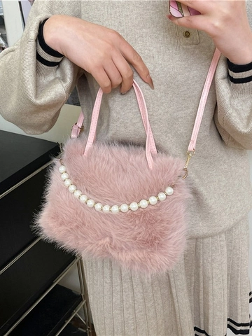 Fashion Faux Fur Plush Bucket Bag For Women Elegant Artificial Pearl Chain Handbag Large Capacity Crossbody Shoulder Bag