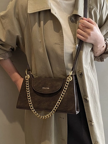 Women Vintage Matte PU Leather Crossbody Bag Gold Chain Shoulder Underarm Bag Fashion Retro Square Handbag For Daily Commute
