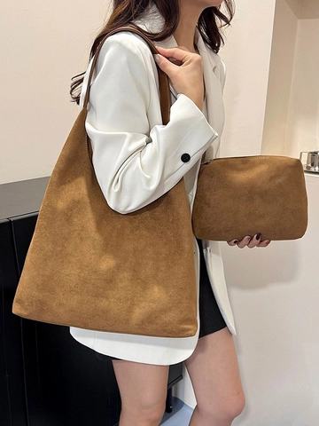 Large Capacity Frosted PU Leather Tote Bag For Women Vintage Suede Texture Shoulder Bag With Small Pouch Commute Shopper Bag