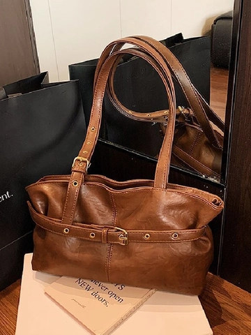 Vintage Große Kapazität PU Leder Einkaufstasche Für Damen Retro Schultertasche Mit Metallschnallen Elegante Handtasche