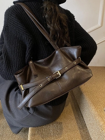 Vintage Große Kapazität PU Leder Einkaufstasche Für Damen Retro Schultertasche Mit Metallschnallen Elegante Handtasche